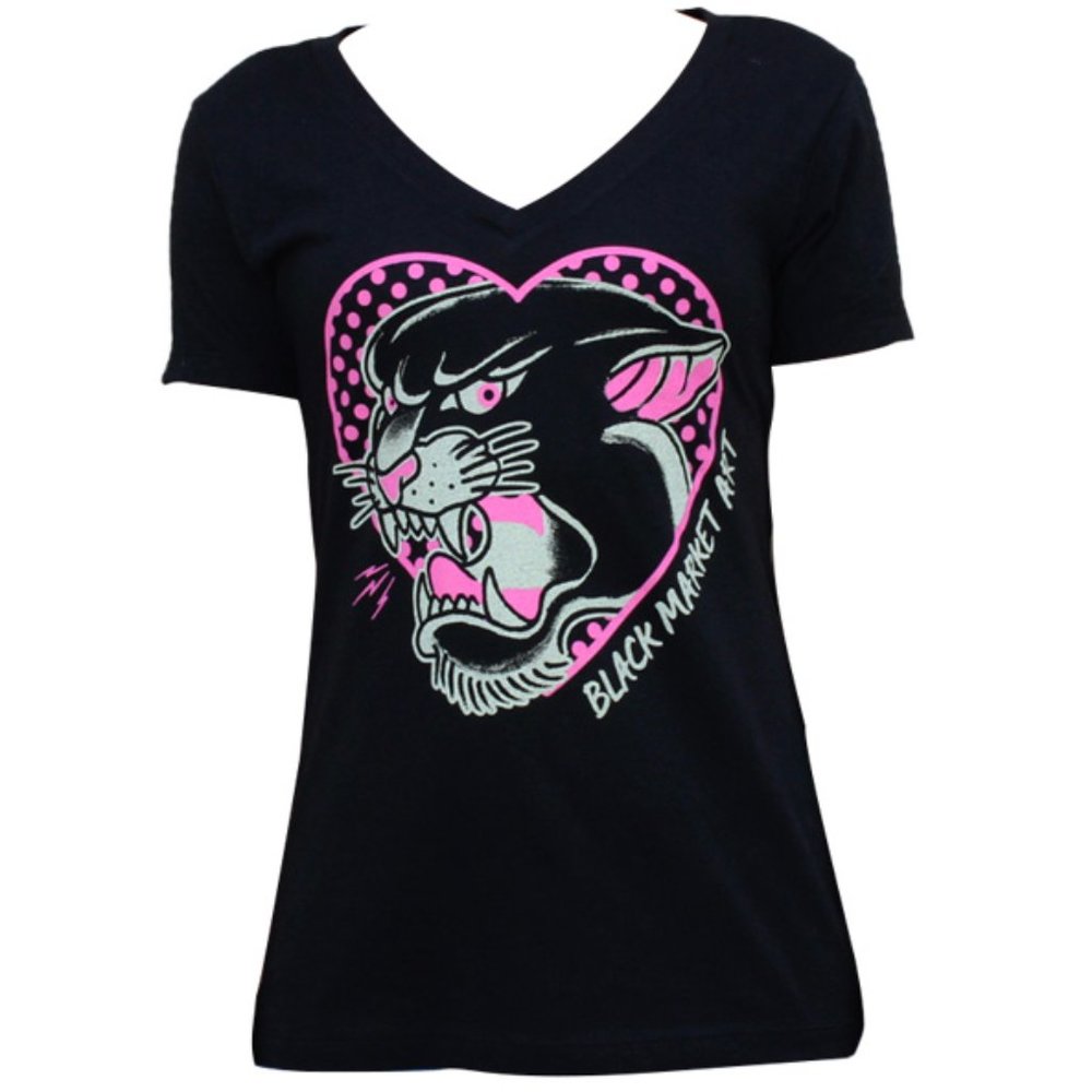 Women's Pink Panther Tattoo Art Black V-neck Fitted Tee S-M-L-XL-XXL NWT